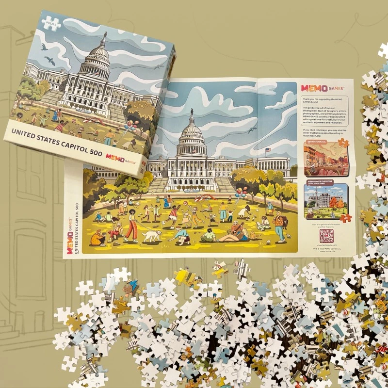 Stylish puzzles Dive into American history and visit iconic Washington, D.C. landmarks through hand-crafted artwork. Enjoy the delicious, warm, and calm tones of colors. Complete the Eisenhower Executive Office building puzzle and experience the power of the Second French Empire. Look at the U.S. Capitol symbolizing democracy. Stroll the cozy streets of Georgetown.